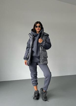 Теплый костюм с жилетом, на флисе, премиум качество, спортивный костюм, жилет, куртка