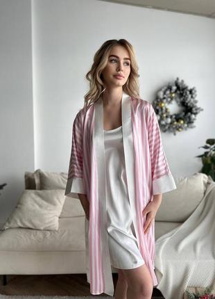 1149 женский комплект - рубашка и халат белый розовый полоска турецкий шелк3 фото
