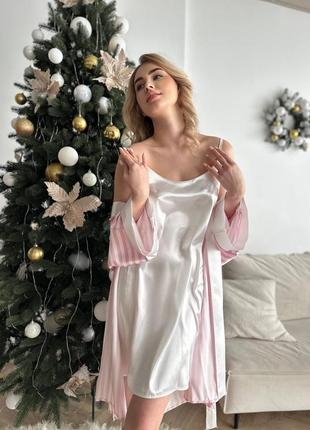 1149 женский комплект - рубашка и халат белый розовый полоска турецкий шелк6 фото