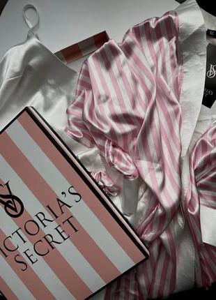 1149 женский комплект - рубашка и халат белый розовый полоска турецкий шелк7 фото
