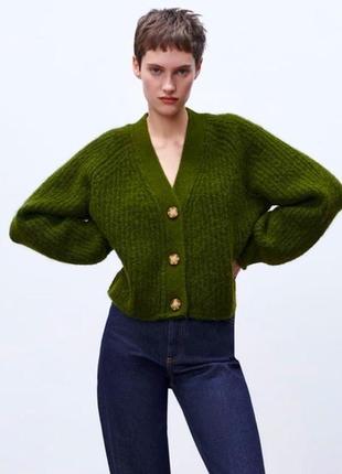 Кардиган кофта zara зимняя теплая зеленая хаки болотная