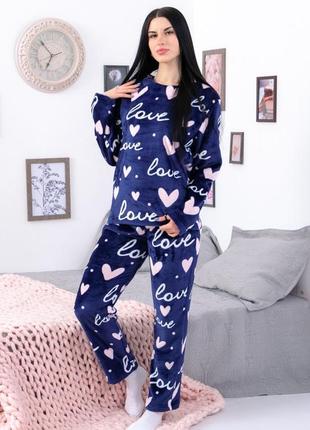 Теплая махровая плюшевая женская пижама домашняя, комплект домашний женский велсофт махра2 фото