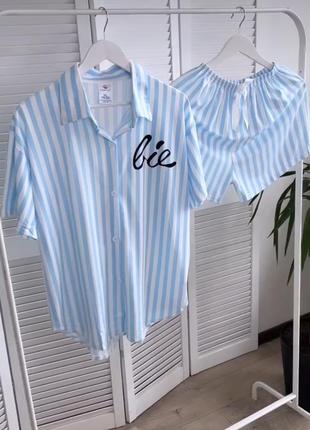 Жіноча піжама сорочка+ шорти l-xl ,xl-xxl в блакитну смужку