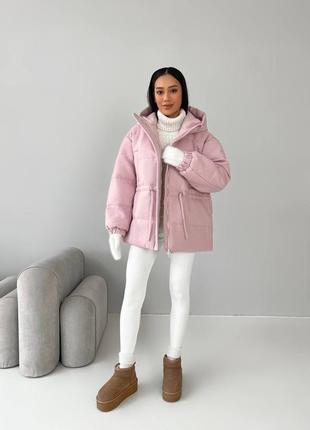 Теплая зимняя куртка с капюшоном розовая10 фото