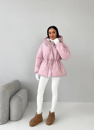 Теплая зимняя куртка с капюшоном розовая5 фото