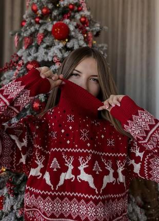 Новорічний светр із оленями "червоний із горлом"6 фото