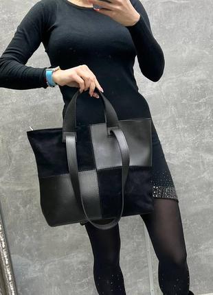 Женская сумка черная с замшевыми вставками6 фото