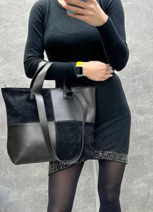 Женская сумка черная с замшевыми вставками4 фото