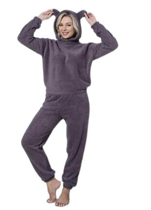 Теплая махровая пижама/домашний костюм кофта худи с капюшоном и штаны м-хл