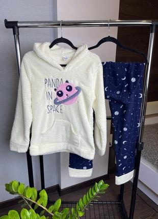 Теплая махровая+флис пижама космос/домашний костюм кофта худи с капюшоном и штаны