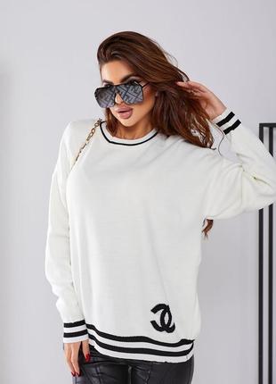 Жіночий теплий білий светр в стилі шанель, в'язана кофта оверсайз, трикотаж