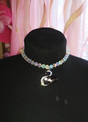 Swan rainbow "swarovski" necklace with avrora borealis8 фото