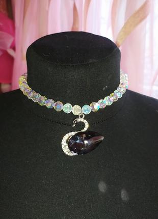 Swan rainbow "swarovski" necklace with avrora borealis7 фото