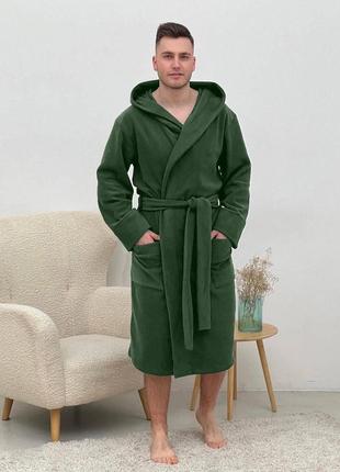 Мужской флисовый халат с капюшоном, хаки (зеленый)