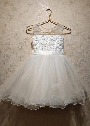 Платье нарядное белое праздничное на девочку новогоднее платье рост 100-110 пышное фатин