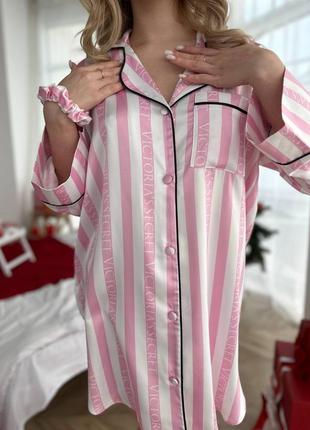 Женская рубашка ночнушка шелк с кантом логотип 4 цвета полоска4 фото