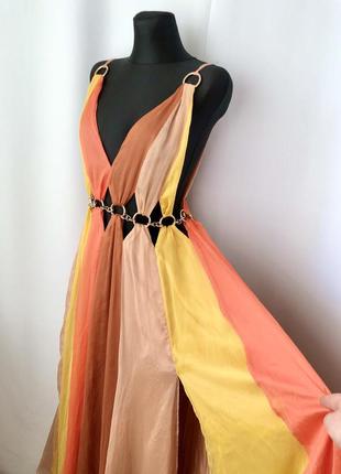 Asos нарядное платье макси с кольцами желтая рыжая разноцветная богиня афродита летняя с открытой спинкой колорблок8 фото