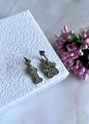 Асимметричные серьги подвески «косточка- лапка» серебро