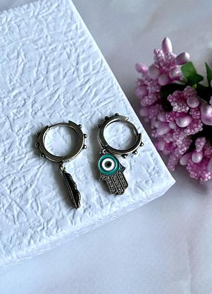 Асимметричные серьги подвески «хамса перо» серебро2 фото