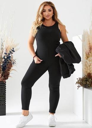 Чорний еластичний спортивний костюм двійка майка + лосини р. 54 56 58 штани брюки легінси спортивні