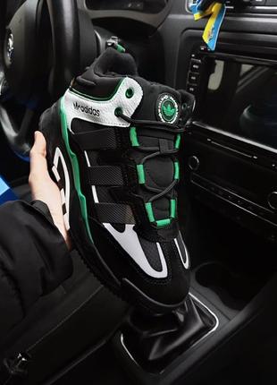 Зимові кросівки adidas niteball black green (хутро)