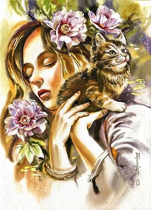 Алмазная мозаика вышивка девушка с котом сергей брандт 5d 40х501 фото