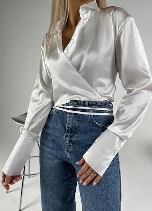 Шелковая укороченная блузка на запах с завязками с длинными рукавами2 фото