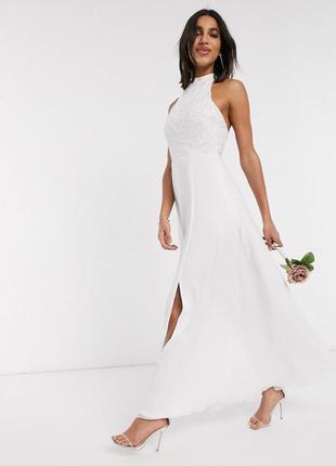 Біле весільне плаття з високим коміром і обробкою намистинами frock & frill1 фото