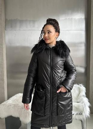 Женская куртка зимняя с капюшоном черная базовая теплая
