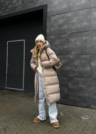 Дутий пуховик довжини максі преміум беж xs s m l