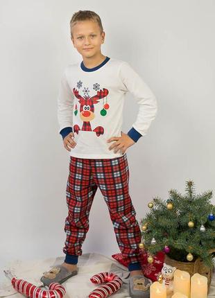 Новорічна тепла дитяча підліткова піжама з оленем, піжама з начосом на байці різдвяна фемілі лук