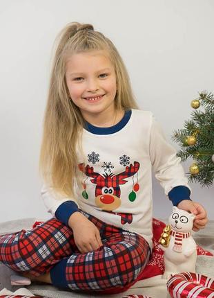 Новорічна тепла дитяча підліткова піжама з оленем, піжама з начосом на байці фемілі лук різдвяна1 фото