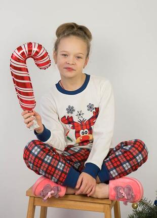 Новогодняя теплая детская подростковая пижама с оленем, пижама с начесом на байке фемили лук рождественская5 фото