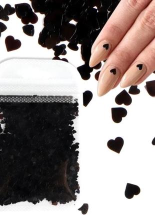 Блестки черные для ногтей сердечки , дизайн ногтей1 фото