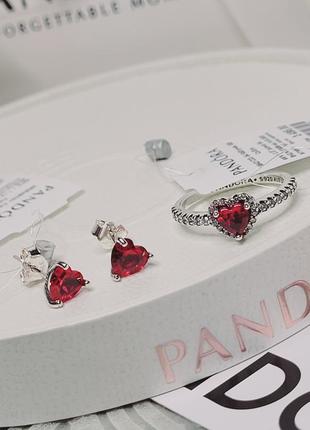 Набор пандора серебро s925 ale оригинальная бирка кольцо серьги сердца красный камни красное пусеты новые сердце