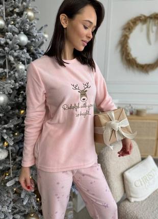 Женская пижама домашняя одежда розовая теплая пижама с оленем флисовая рождественская1 фото