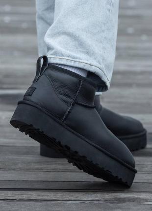 Зимние угги ugg ultra mini mid platform black leather6 фото