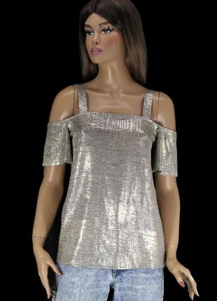 Брендовая блузка с золотистым напылением "f&f" с открытыми плечами. размер uk14/eur42.