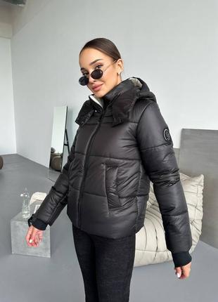 Пуховик жіночий зимовий теплий на блискавці з кишенями з капішоном якісний стильний чорний2 фото