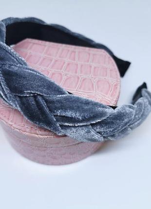 Женский бархатный обруч для волос коса / ободок для головы серый