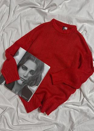 Червоний подовжений оверсайз вʼязаний светр h&m