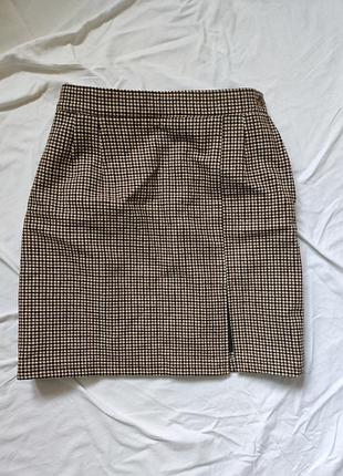 Теплая юбка в гусиную лапку с разрезом