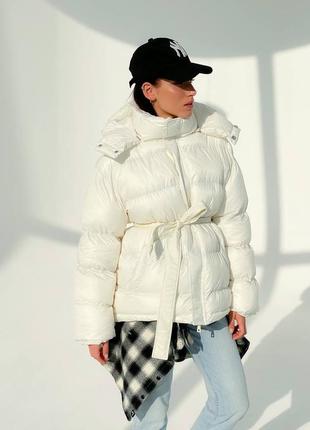 Теплый объемный пуховик куртка зима дутый с поясом1 фото