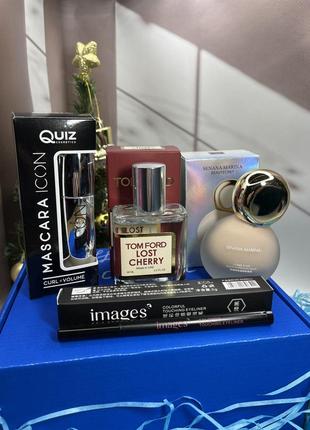 Подарочный набор косметики - парфюм, тональная основа под макияж, тушь для ресниц, подводка4 фото