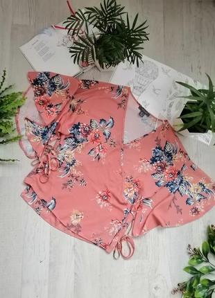 Блузка блуза кофточка на запах персикова з квітами яскрава з квітковим принтом актуальна2 фото