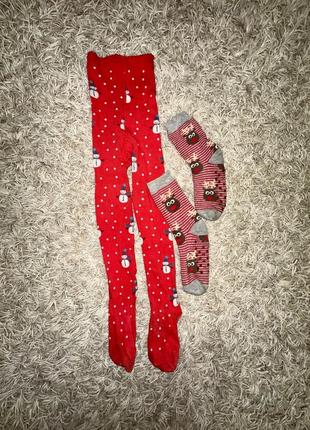 Комплект новорічний колготи на дівчинку і теплі носки сніговик та олені3 фото