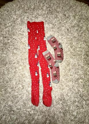 Комплект новорічний колготи на дівчинку і теплі носки сніговик та олені2 фото