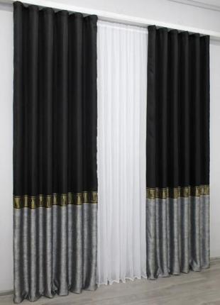 Комплект штор anzio (2шт.1,45х3м) льон, колір чорний з сірим4 фото