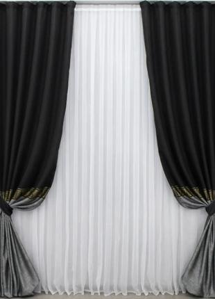 Комплект штор anzio (2шт.1,45х3м) льон, колір чорний з сірим2 фото