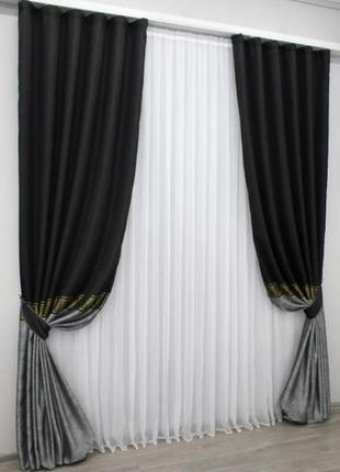 Комплект штор anzio (2шт.1,45х3м) льон, колір чорний з сірим3 фото